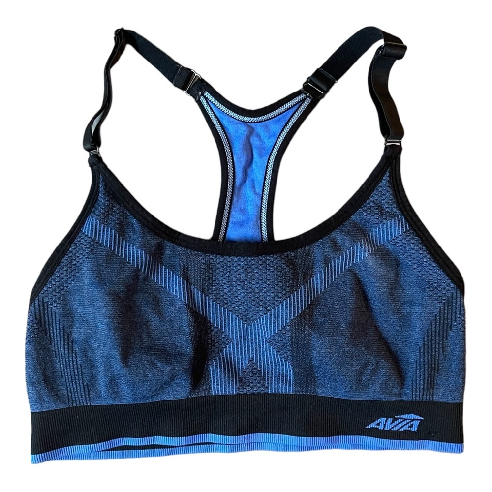 AVIA Women’s Blue Black Racerback Logo Adjustable Yoga Athletic Sports Bra Train